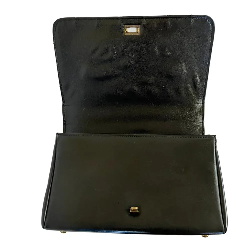 Vintage Verdi Black Embossed Turnlock Satchel Handbag - Made in USA